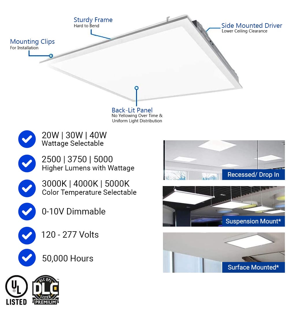 2×2 FT LED Light Flat Panel, 20/30/40W, Color Temperature Selectable 3K | 4K | 5K, Dimmable Recessed Drop Ceiling Lights, 2500/3750/5000 Lumens, Lay in Fixture for Office, 120-277V, UL DLC(6 Pack)