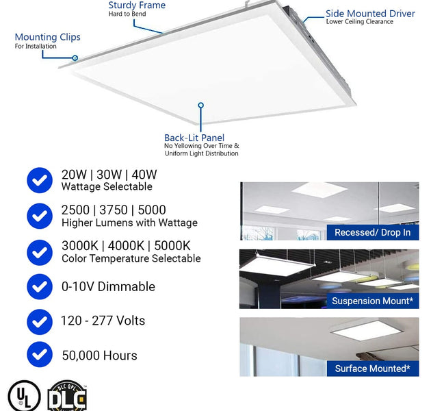 2×2 FT LED Light Flat Panel, 20/30/40W, Color Temperature Selectable 3K | 4K | 5K, Dimmable Recessed Drop Ceiling Lights, 2500/3750/5000 Lumens, Lay in Fixture for Office, 120-277V, UL DLC(6 Pack)