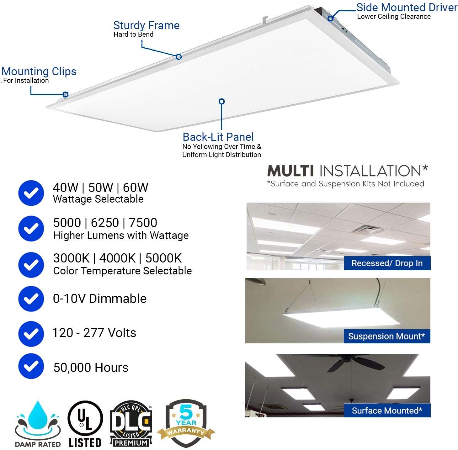 2×4 FT LED Light Flat Panel, 40/50/60W, Color Temperature Selectable 3K | 4K | 5K, Dimmable Recessed Drop Ceiling Lights, 5000/6250/7500 Lumens, Lay in Fixture for Office, 120-277V, UL DLC(6 Pack)