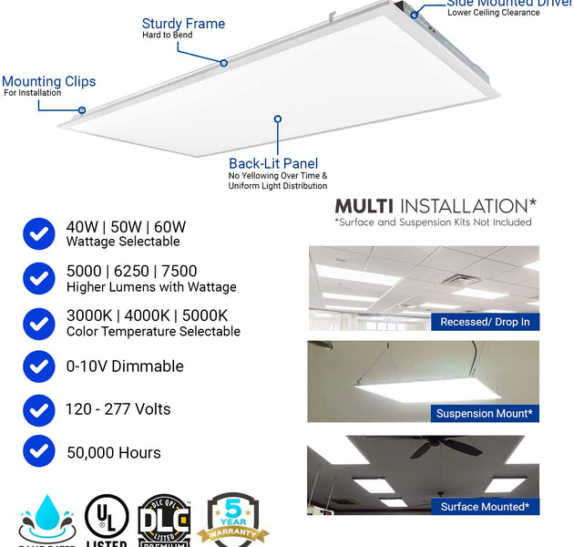 2×4 FT LED Light Flat Panel, 40/50/60W, Color Temperature Selectable 3K | 4K | 5K, Dimmable Recessed Drop Ceiling Lights, 5000/6250/7500 Lumens, Lay in Fixture for Office, 120-277V, UL DLC(6 Pack)